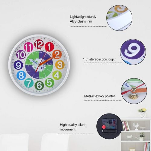  [아마존베스트]CIGERA 12 Inch Educational Wall Clock for Kids with Silent Movement and 3D Numerals,Great Learning Clock for Kids,Nice Wall Decor for Classroom, Playroom and Kids Bedroom (White)