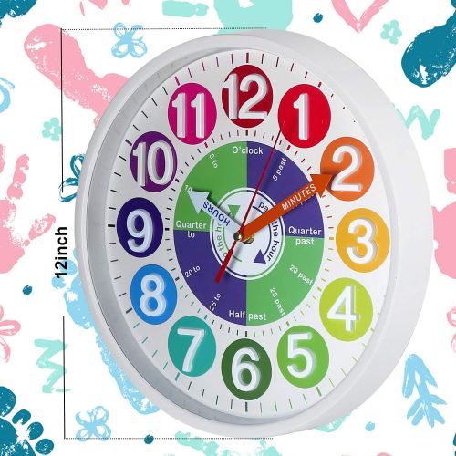  [아마존베스트]CIGERA 12 Inch Educational Wall Clock for Kids with Silent Movement and 3D Numerals,Great Learning Clock for Kids,Nice Wall Decor for Classroom, Playroom and Kids Bedroom (White)