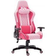 CIMOO Cute Pink Gaming Chair, Computer Racing Game Chair Ergonomic Reclining PC Gaming Chair with Cat Headrest and Lumbar Pillow, Pink and White