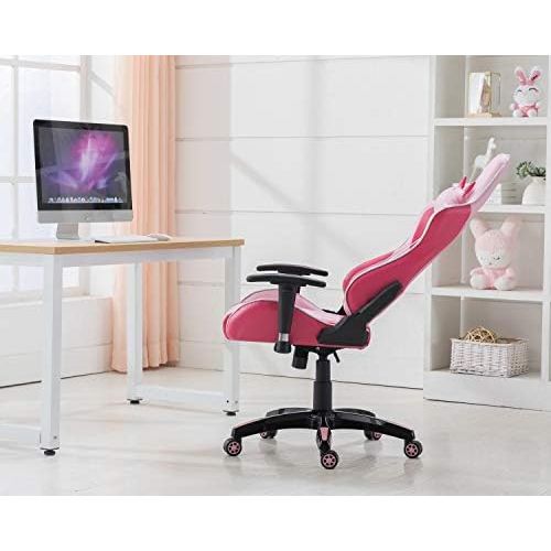  CIMOO Cute Pink Gaming Chair, Computer Racing Game Chair Ergonomic Reclining PC Gaming Chair with Cat Headrest and Lumbar Pillow, Pink and White