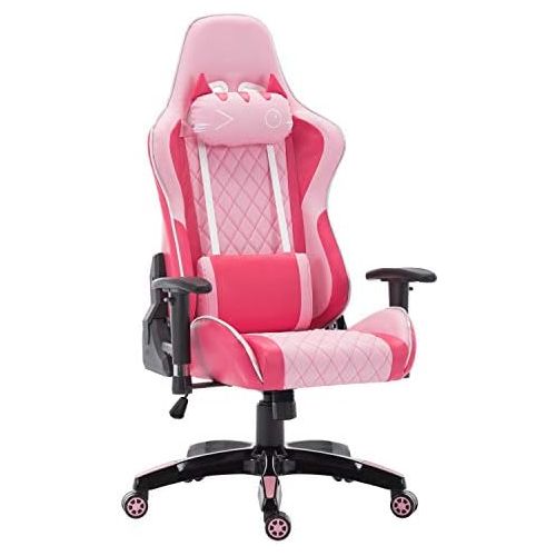  CIMOO Cute Pink Gaming Chair, Computer Racing Game Chair Ergonomic Reclining PC Gaming Chair with Cat Headrest and Lumbar Pillow, Pink and White