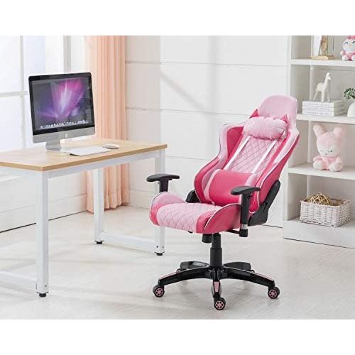  CIMOO Cute Pink Gaming Chair, Computer Racing Game Chair Ergonomic Reclining PC Gaming Chair with Cat Headrest and Lumbar Pillow, Pink and White