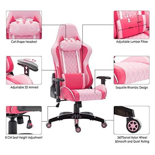  CIMOO Cute Pink Gaming Chair, Computer Racing Game Chair Ergonomic Reclining PC Gaming Chair with Cat Headrest and Lumbar Pillow, Pink and White