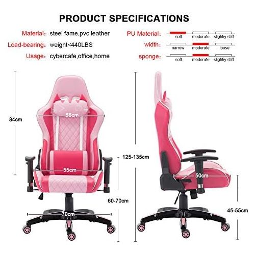  CIMOO Cute Pink Gaming Chair, Computer Racing Game Chair Ergonomic Reclining PC Gaming Chair with Cat Headrest and Lumbar Pillow, Pink and White