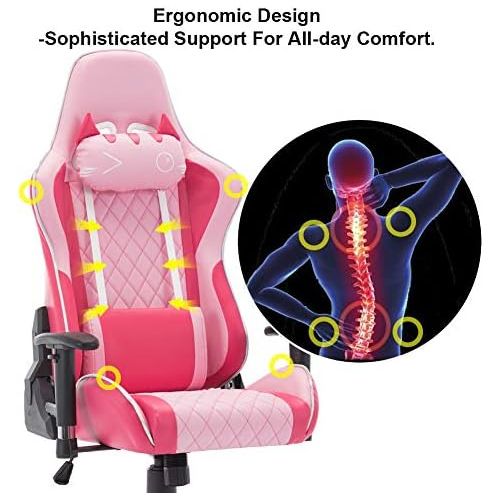  CIMOO Cute Pink Gaming Chair, Computer Racing Game Chair Ergonomic Reclining PC Gaming Chair with Cat Headrest and Lumbar Pillow, Pink and White