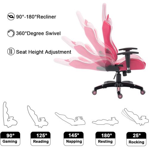  CIMOO Cute Pink Gaming Chair, Computer Racing Game Chair Ergonomic Reclining PC Gaming Chair with Cat Headrest and Lumbar Pillow, Pink and White