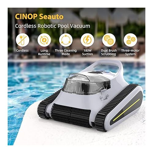  (New) Seauto Crab Cordless Robotic Pool Cleaner: Automatic Pool Vacuum Robot Lasts 150 Mins Wall Climbing 180W Powerful Suction LED Indicator Self-Parking for Swimming Pools Up to 2,000 sq. ft. Grey