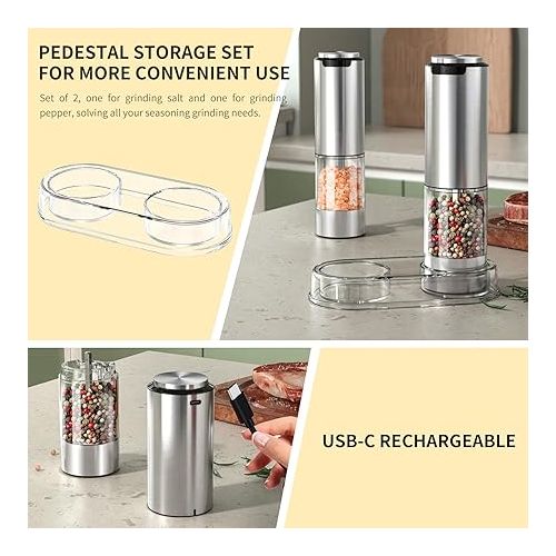  CIRCLE JOY Rechargeable Electric Salt and Pepper Grinder Set with Base, Stainless Steel Pepper Mills with Washable 95ml Container, White LED Light and Adjustable Coarseness, Silver