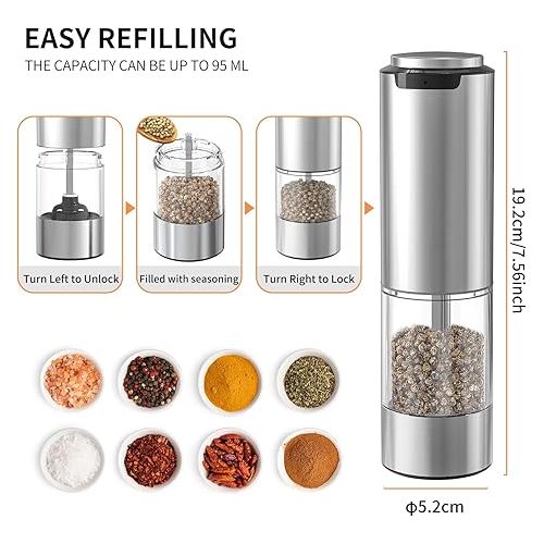  CIRCLE JOY Rechargeable Electric Salt and Pepper Grinder Set with Base, Stainless Steel Pepper Mills with Washable 95ml Container, White LED Light and Adjustable Coarseness, Silver