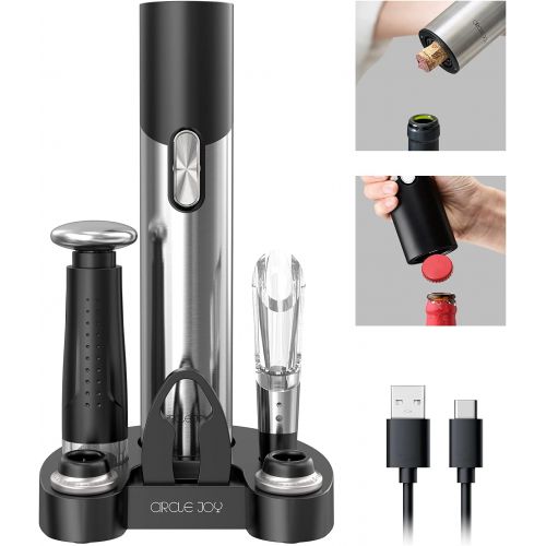  CIRCLE JOY Electric Wine Opener Set Automatic Wine Opener Kit for Wine and Beer Cordless Electric Wine Bottle Openers Gift Set with Foil Cutter, Aerator Pourer, Vacuum Pump and 2 W