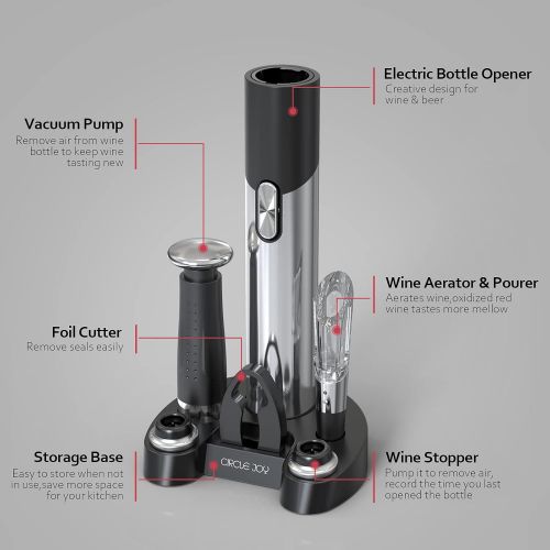  CIRCLE JOY Electric Wine Opener Set Automatic Wine Opener Kit for Wine and Beer Cordless Electric Wine Bottle Openers Gift Set with Foil Cutter, Aerator Pourer, Vacuum Pump and 2 W