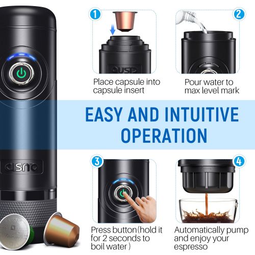  CISNO Elektrische tragbare Espressomaschine kocht Wasser 15 bar Druck Ein-Knopf-Bedienung Nespresso-kompatible Kapsel, Reise Outdoor-Kaffeemaschine, BPA-frei