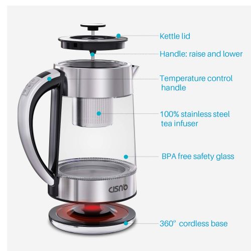  CISNO 2 in 1 Elektrischer Wasserkocher Tee mit Temperaturanzeige, LED blau Glas Teekanne mit Edelstahl-Teesieb, 1,7 l 2200 W Wasserkocher, kabellos mit-Ei Tee Steiler