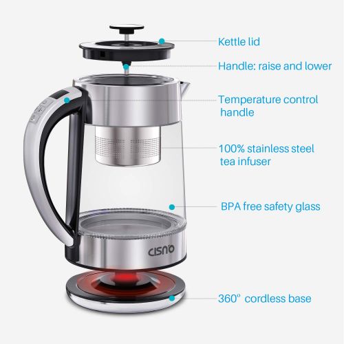  CISNO 2 in 1 Electric Tea Kettle With Infuser, Glass and Stainless Steel Body with Variable Temperature Control, Cordless, 1500W 1.7L (BPA-Free) Perfect for Loose Leaf Tea, Bloomin