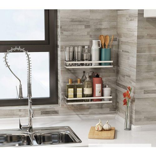  CJGrack Kitchen rack Stainless steel wall-mounted punch-free kitchen storage shelves snap-on, spice rack oil and salt sauce vinegar racks, multi-size optional (color : Silver, Size : 3012.