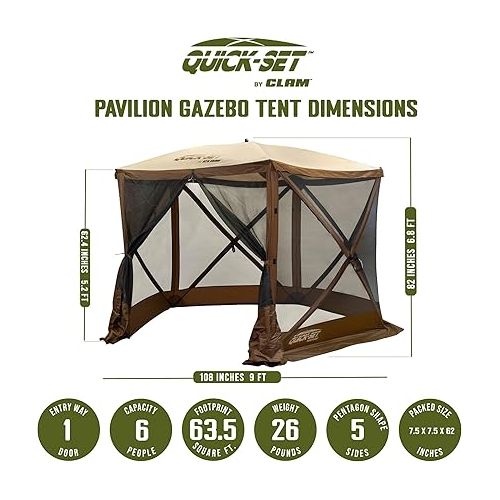  : Clam Venture 9 x 9 Foot Portable Outdoor Gazebo Canopy Camping Tent Shelter, with 3 Wind and Sun Panels and Carry Bag Accessory, Brown