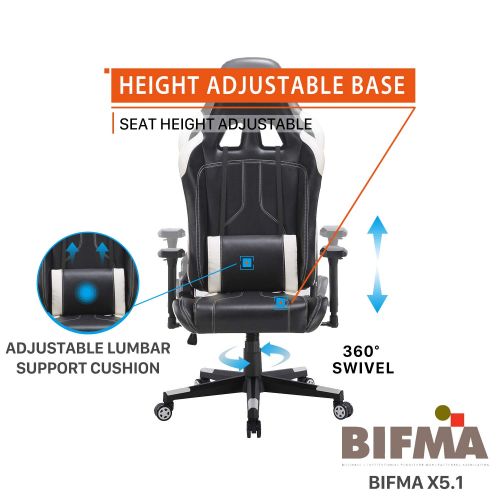  CLATINA Ergonomic Racing Office Chair Swivel Style with Adjustable PU Leather Back Support Lumbar Pillow Head and Arm Rest for Home Gaming