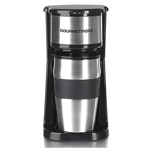  [아마존베스트]GOURMETmaxx Single Coffee Machine with Thermal Mug | Filter Coffee Machine Mini to Go Mug for Singles or for Two Cups | Stainless Steel [Approx. 400 ml / Black]