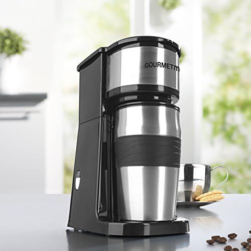  [아마존베스트]GOURMETmaxx Single Coffee Machine with Thermal Mug | Filter Coffee Machine Mini to Go Mug for Singles or for Two Cups | Stainless Steel [Approx. 400 ml / Black]