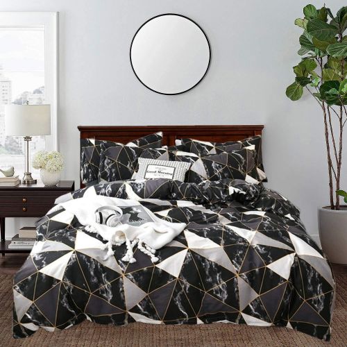  [아마존베스트]CLOTHKNOW Black Marble Comforter Sets Twin Black and White Plaid Bedding Sets Boys Girls Geometric Triangle Bed Sets 3Pcs Comforter Set with 2 Pillowcases Men Kids Bedding