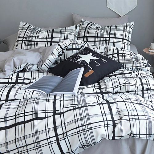  CLOTHKNOW Grid Duvet Cover Sets Queen/Full White Black Bedding Sets for Boys Checkered 100 Cotton Set of 3-1 Duvet Cover Zipper Closure 2 Envelope Pillow Shams Standard NO Comforte