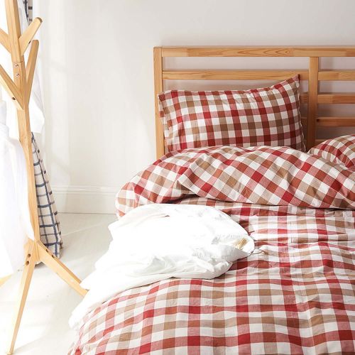  CLOTHKNOW Reversible Duvet Cover Checker Quilt Cover Geometric Bedding Cover Sets Brown Cotton for Teens 1 Duvet Cover 2 Pillowcases no Comforter Full/Queen Gingham Simple