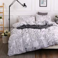 CLOTHKNOW Black and White Duvet Cover Sets Cotton Queen Leaves Gray Bedding Full Floral Bedding Duvet Sets Luxury 3 Pcs Bed Set with Zipper Closure 2 Pillowcases