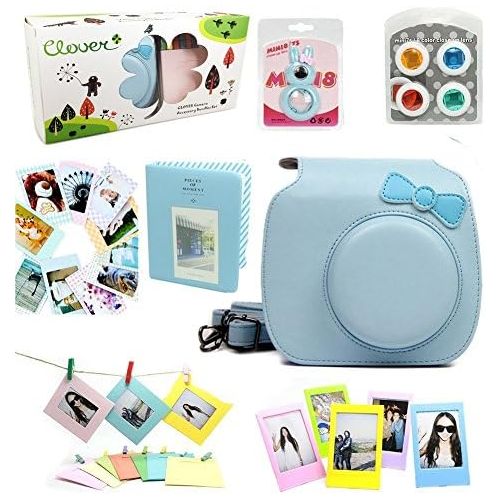  CLOVER 7 in 1 Accessory Bundles Set for Fujifilm Instax Mini 8 Instant Camera (Blue Bow Case Bag/Album/Colorful Filter/Close-Up Lens/Wall Hanging Frame/Photo Frame/Sticker Borders)