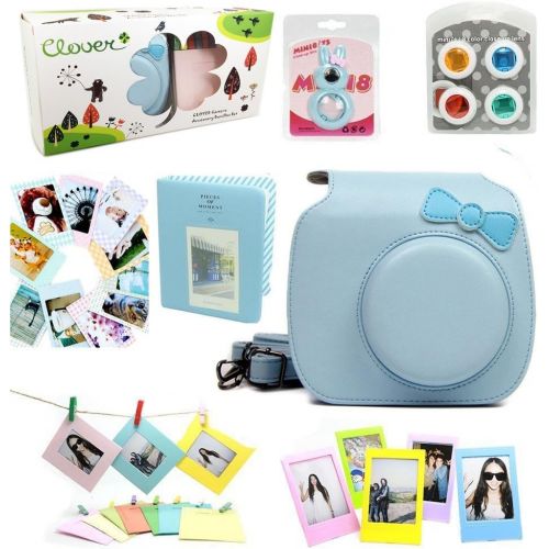  CLOVER 7 in 1 Accessory Bundles Set for Fujifilm Instax Mini 8 Instant Camera (Blue Bow Case Bag/Album/Colorful Filter/Close-Up Lens/Wall Hanging Frame/Photo Frame/Sticker Borders)