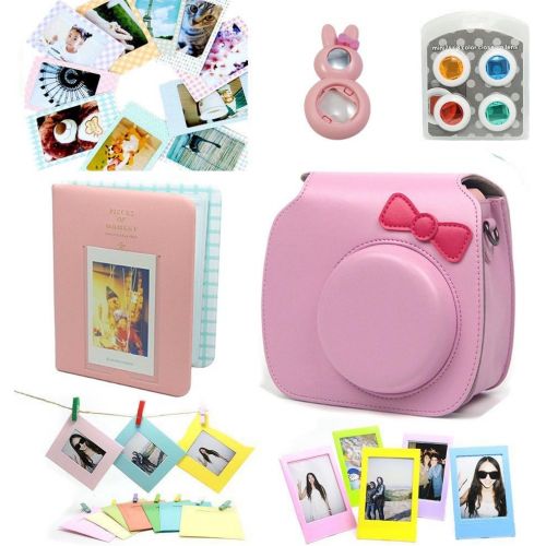  CLOVER 7 in 1 Accessory Bundles Set for Fujifilm Instax Mini 8 Instant Camera (Pink Bow Case Bag/Album/Colorful Filter/Close-Up Lens/Wall Hanging Frame/Photo Frame/Sticker Borders)