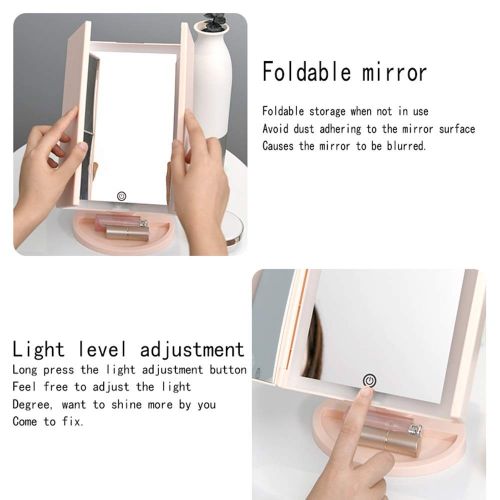  CLQ Makeup Mirrors Wall-Mounted Mirrors Mirror Trifold Vanity Mirror with LED Lights Lighted Makeup Mirror with 2x & 3x Magnifications - 36 Dimmable Natural Lights Touch Screen Counter