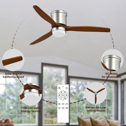  CLUGOJ Flush Mount Ceiling Fan Modern Low Profile Ceiling Fan with Remote Control 52 Outdoor Ceiling Fan 3 Reversible Walnut Wood Blades Noiseless DC Motor and Brushed Nickel