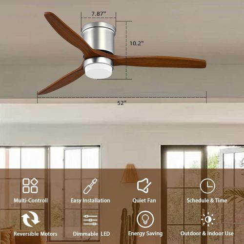  CLUGOJ Flush Mount Ceiling Fan Modern Low Profile Ceiling Fan with Remote Control 52 Outdoor Ceiling Fan 3 Reversible Walnut Wood Blades Noiseless DC Motor and Brushed Nickel