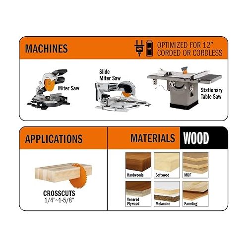  CMT 255.096.12 ITK Industrial Fine Finish Saw Blade, 12-Inch x 96 Teeth 40° ATB Grind with 1-Inch Bore, Black & Orange