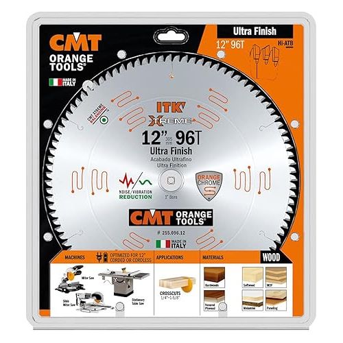  CMT 255.096.12 ITK Industrial Fine Finish Saw Blade, 12-Inch x 96 Teeth 40° ATB Grind with 1-Inch Bore, Black & Orange