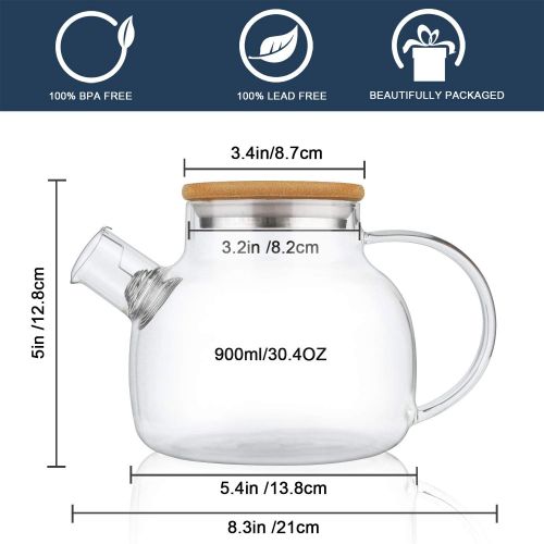  CnGlass Glass Teapot Stovetop Safe,30.4oz Clear Teapots with Removable Filter Spout,Teapot for Loose Leaf and Blooming Tea