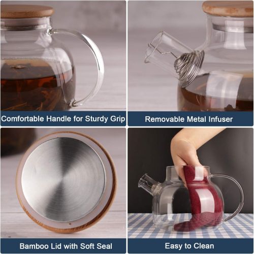  CnGlass Glass Teapot Stovetop Safe,30.4oz Clear Teapots with Removable Filter Spout,Teapot for Loose Leaf and Blooming Tea