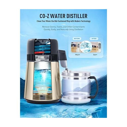  CO-Z 1.1 Gallon Water Distiller, 750W Countertop Distilled Water Machine with BPA Free Glass Container, 4L 304 Stainless Steel Distilled Water Maker for Home Office Machine Humidifier More, Gold