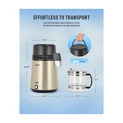  CO-Z 1.1 Gallon Water Distiller, 750W Countertop Distilled Water Machine with BPA Free Glass Container, 4L 304 Stainless Steel Distilled Water Maker for Home Office Machine Humidifier More, Gold