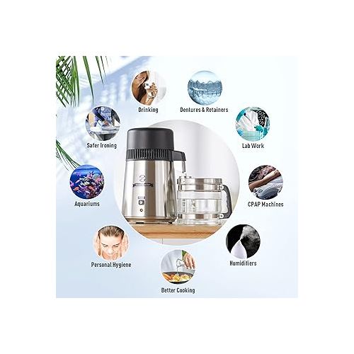  CO-Z 4L Brushed Stainless Steel Countertop Distiller Machine, Home Distilled Water Maker with Glass Pot, Purifier to Make Clean Water