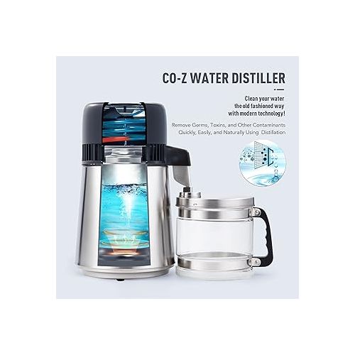  CO-Z 4L Brushed Stainless Steel Countertop Distiller Machine, Home Distilled Water Maker with Glass Pot, Purifier to Make Clean Water