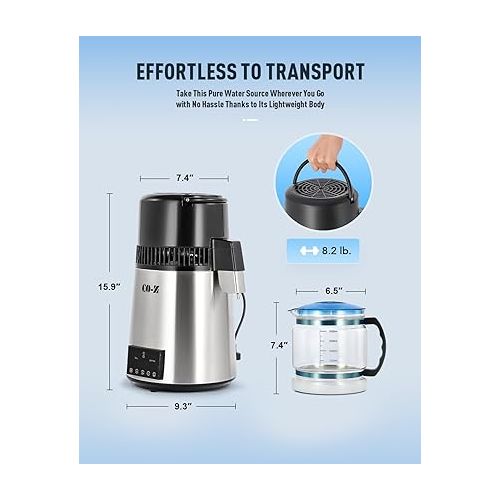  CO-Z 1.1 Gallon Water Distiller, 1750W Countertop Distilled Water Machine with Glass Container Dual Temperature Display Timer, 4L 304 Stainless Steel Distilled Water Maker for Home Office Travel More