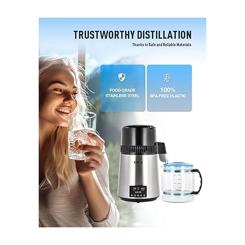  CO-Z 1.1 Gallon Water Distiller, 1750W Countertop Distilled Water Machine with Glass Container Dual Temperature Display Timer, 4L 304 Stainless Steel Distilled Water Maker for Home Office Travel More