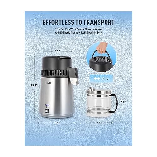  CO-Z 304 Stainless Steel Water Distiller, 750W Countertop Home Tabletop Distiller Water Making Machine, 4L Distilled Clean Water Maker, Distill Distilling Water Purifier Distillers, Pure Water Maker