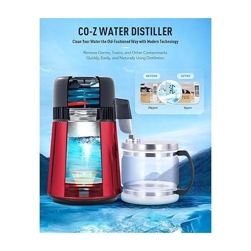  CO-Z 1.1 Gallon Water Distiller, 750W Countertop Distilled Water Machine with BPA Free Glass Container, 4L 304 Stainless Steel Distilled Water Maker for Home Office Travel Machine Humidifier, Red