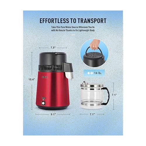  CO-Z 1.1 Gallon Water Distiller, 750W Countertop Distilled Water Machine with BPA Free Glass Container, 4L 304 Stainless Steel Distilled Water Maker for Home Office Travel Machine Humidifier, Red