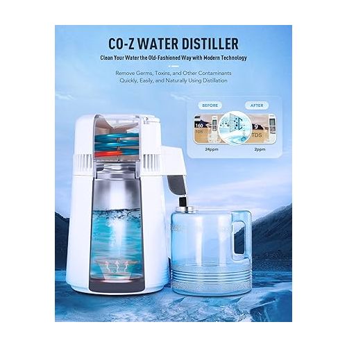  CO-Z 1.1 Gallon Water Distiller, 750W Countertop Home Office Countertop Distiller Water Making Machine, 4L Distilled Clean Water Maker, Distill Distilling Water Purifier Distillers, Pure Water Maker