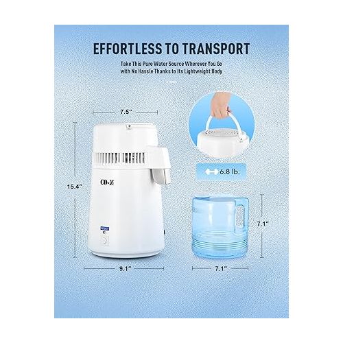  CO-Z 1.1 Gallon Water Distiller, 750W Countertop Home Office Countertop Distiller Water Making Machine, 4L Distilled Clean Water Maker, Distill Distilling Water Purifier Distillers, Pure Water Maker