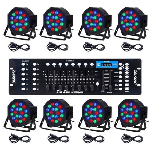  CO-Z LED Par Lights 18x3W Pack of 8 pcs RGB DJ Stage Party Light System with DMX Controller System Par Can LED Beam Pub Bar