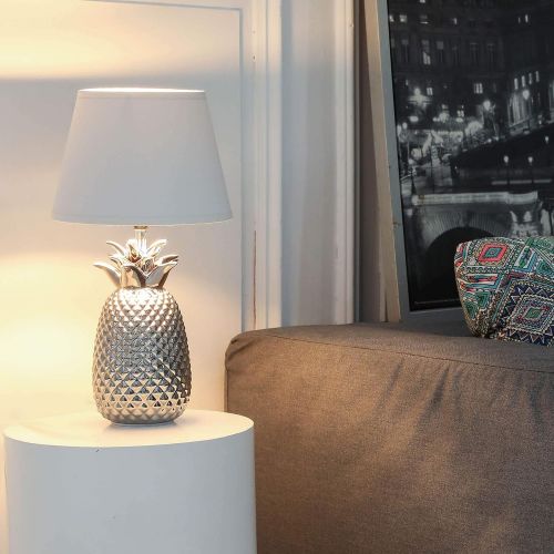  CO-Z Modern Table Lamp with Ceramic Pineapple Base in Brushed Nickel Finish, 16’’ Accent Lamp Bedside Lamp with White Fabric Shade, Decorative Desk Lamp for Living Room, Bedroom, U